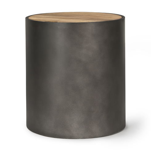 Eclipse Gunmetal Gray Drum Base with Brown Wood Top End/Side Table