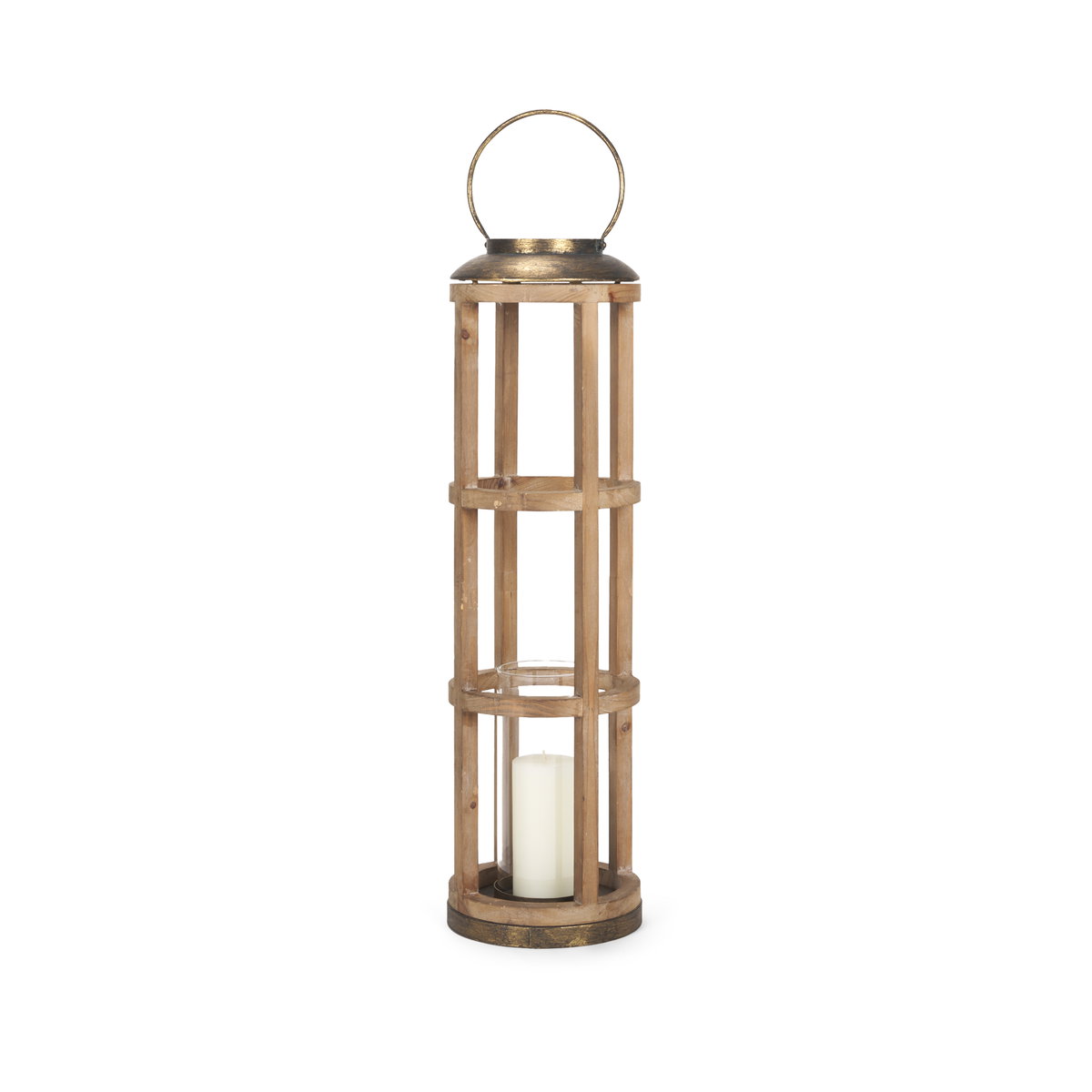 Andy I Large Natural Wood Cylindrical Lantern, Lighting by Mercana, 8.27" length x 8.27" width x 34.84" height View 1