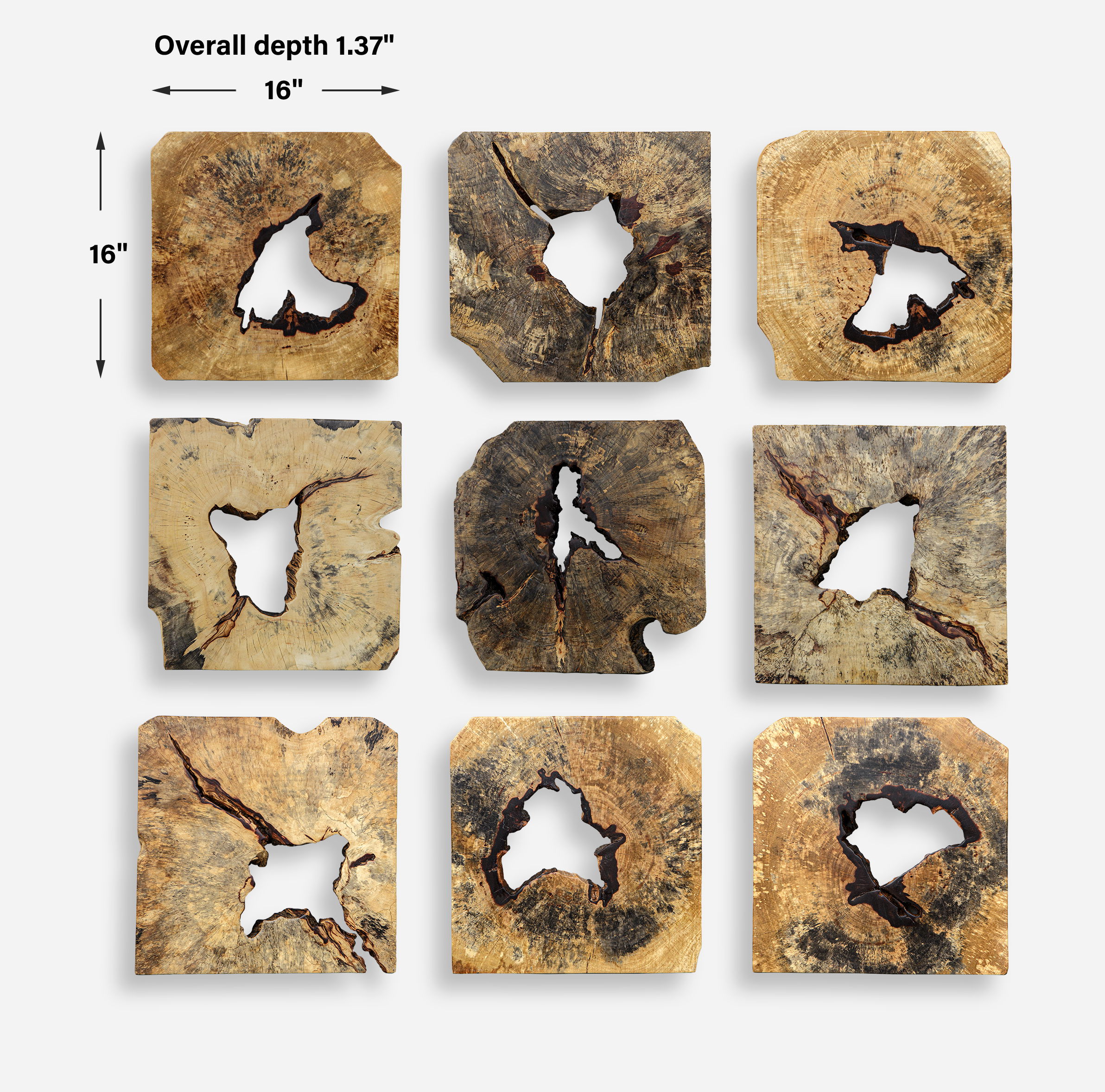 Bahati Wood Wall Décor In Natural Set/9, Sculptural Wall Art by Uttermost, 16" width x 16" height x 1.37" depth View 3