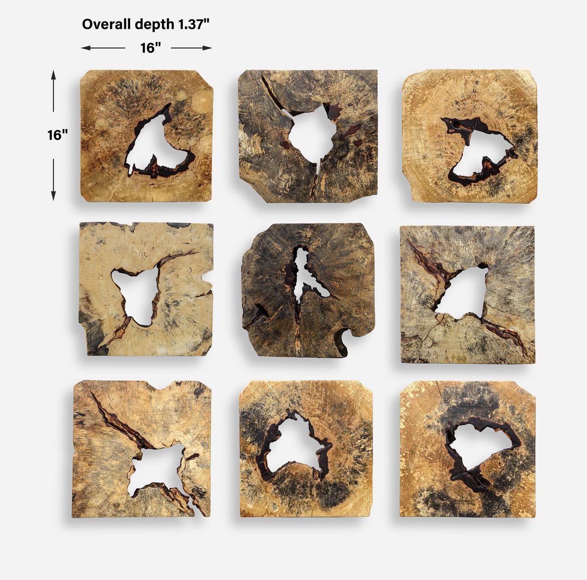 Bahati Wood Wall Décor In Natural Set/9, Sculptural Wall Art by Uttermost, 16" width x 16" height x 1.37" depth View 3