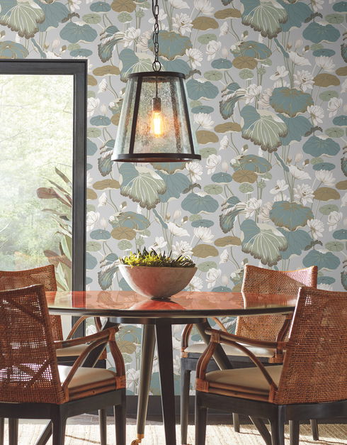 Lotus Pond Grey & Blue Wallpaper