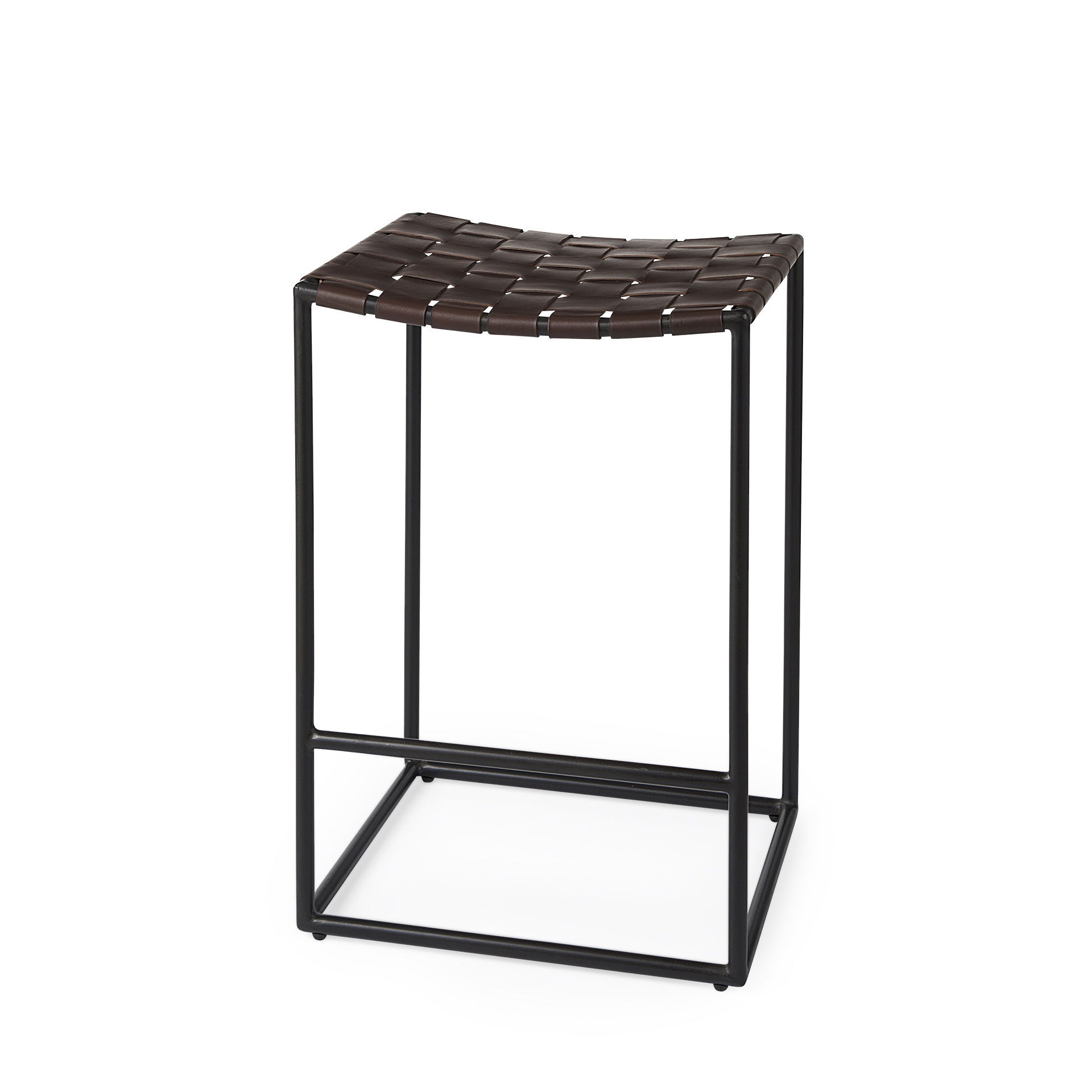 Clarissa 18.0L x 16.0W x 26.25H Dark Brown Woven Leather Seat with Black Iron Frame Counter Stool, Counter & Bar Stool by Mercana, 18" length x 16" width x 26" height View 1