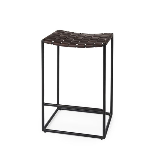 Clarissa 18.0L x 16.0W x 26.25H Dark Brown Woven Leather Seat with Black Iron Frame Counter Stool