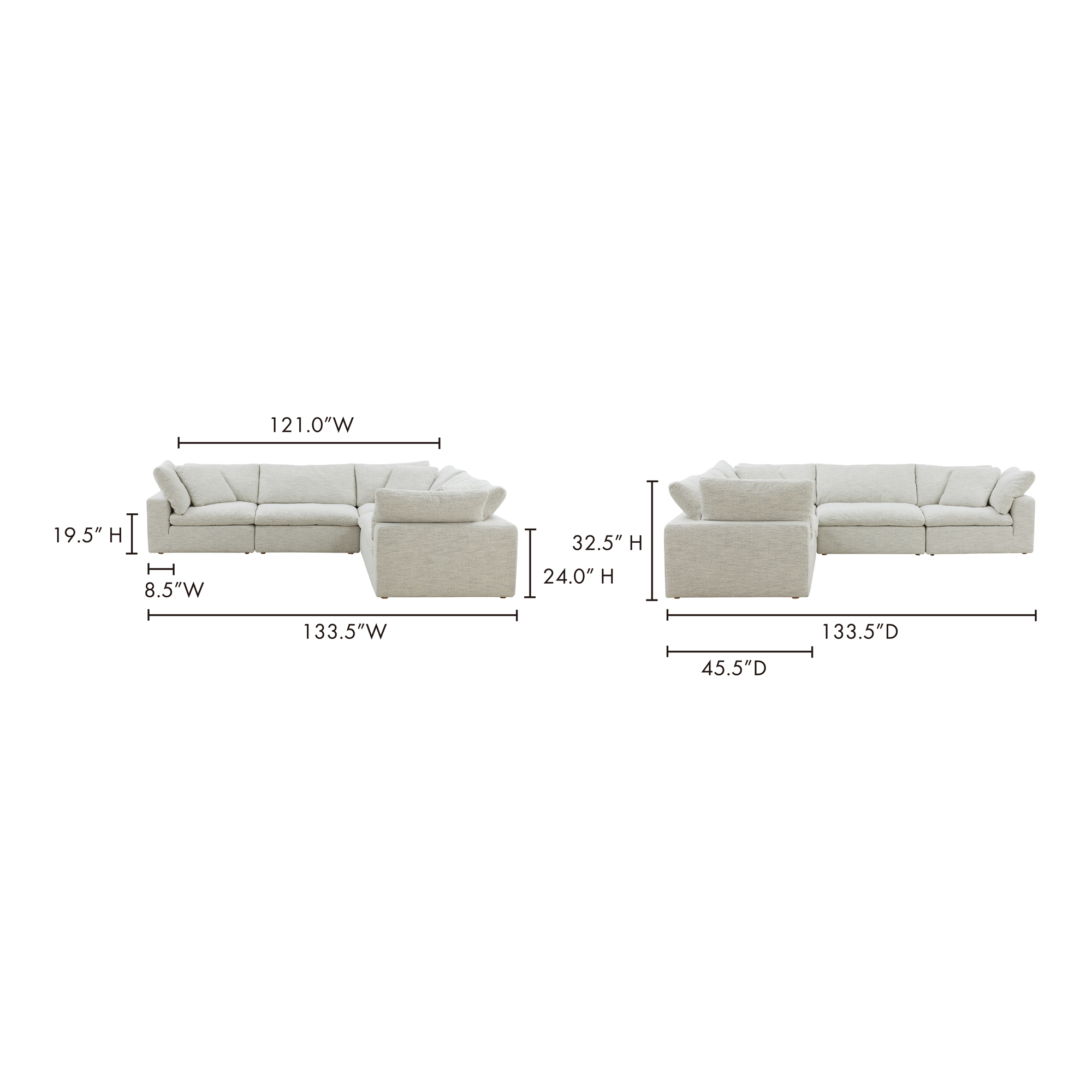 Clay Classic L-shaped Modular Sectional Coastside Sand, Sectional Sofa by Moe's Home, 133.5" width x 32" height x 133.5" depth View 7