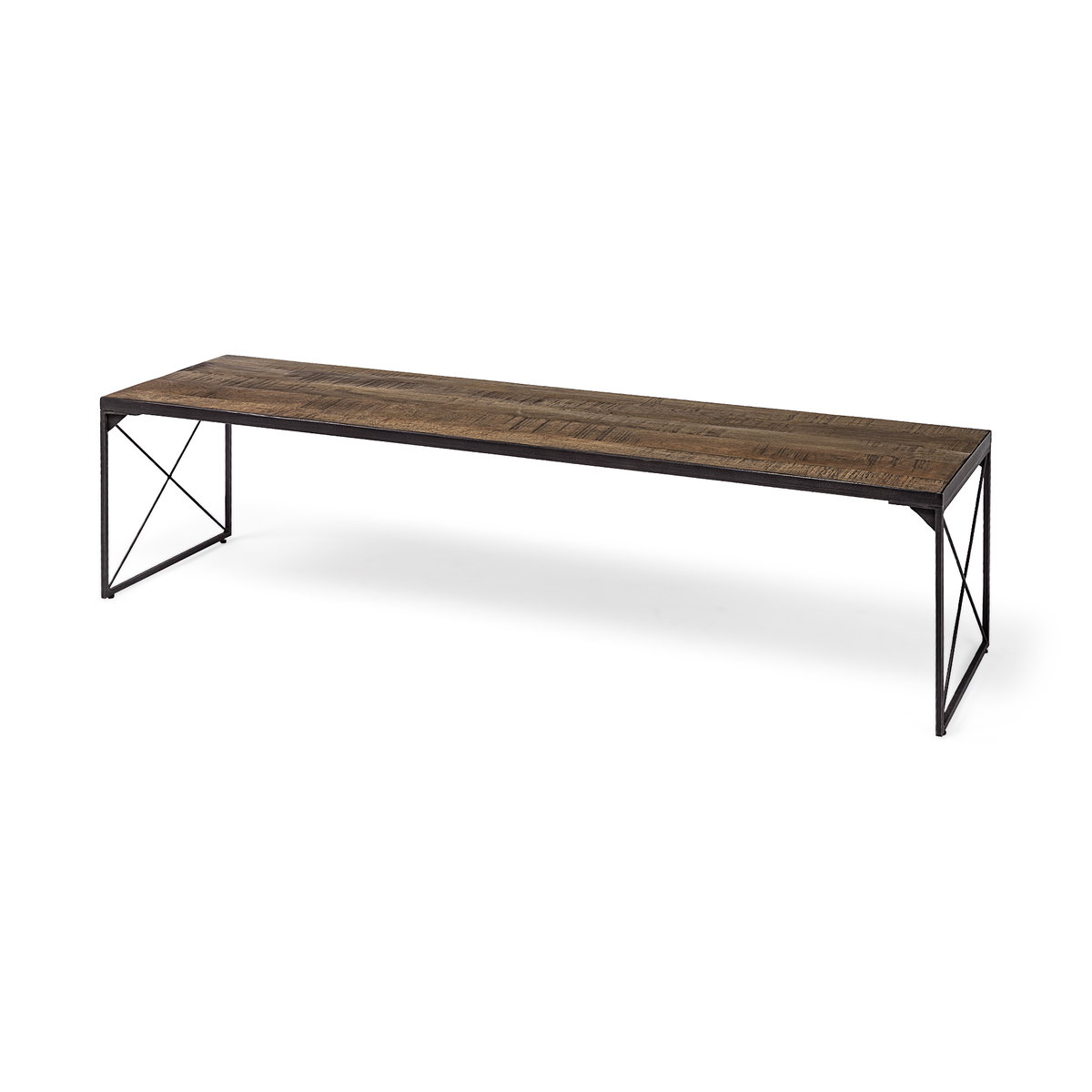 Trestman III 66L x 18W Brown Wood Top with Black Iron Base Accent Bench, Benche by Mercana, 66" length x 17.75" width x 16.75" height View 1