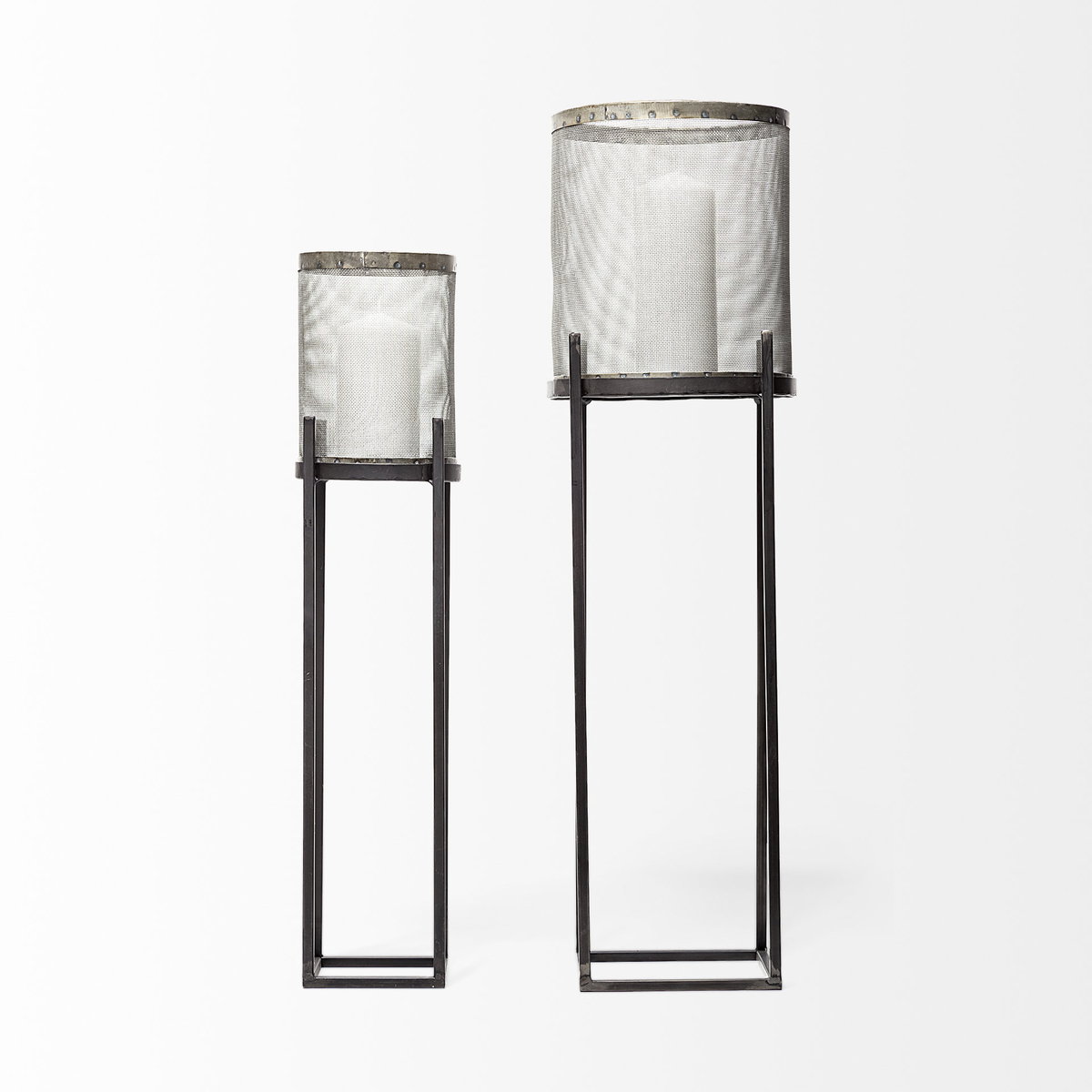 Steen Set of Two Black Meshed Metal Candle Holder Lanterns, Lighting by Mercana, 10" length x 10" width x 31" height View 3