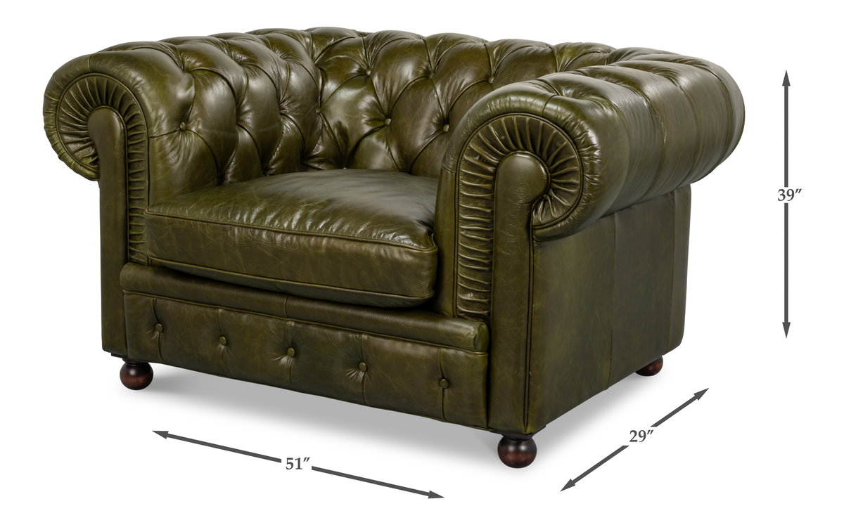 Savile Leather Chair,Green, Seating by Sarreid, 51" length x 39" width x 29" height View 13