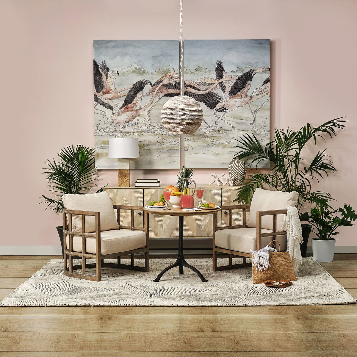 Theta 15.5x14.5 White-Washed Wood Beaded Pendant Light, by Mercana, 15.5" length x 15.5" width x 14.5" height View 3