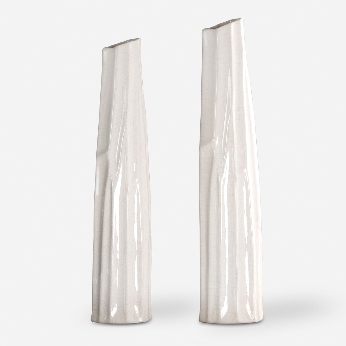 Kenley Crackled White Vases Set/2, by Uttermost, 5.25" width x 24.5" height x 3.87" depth View 1