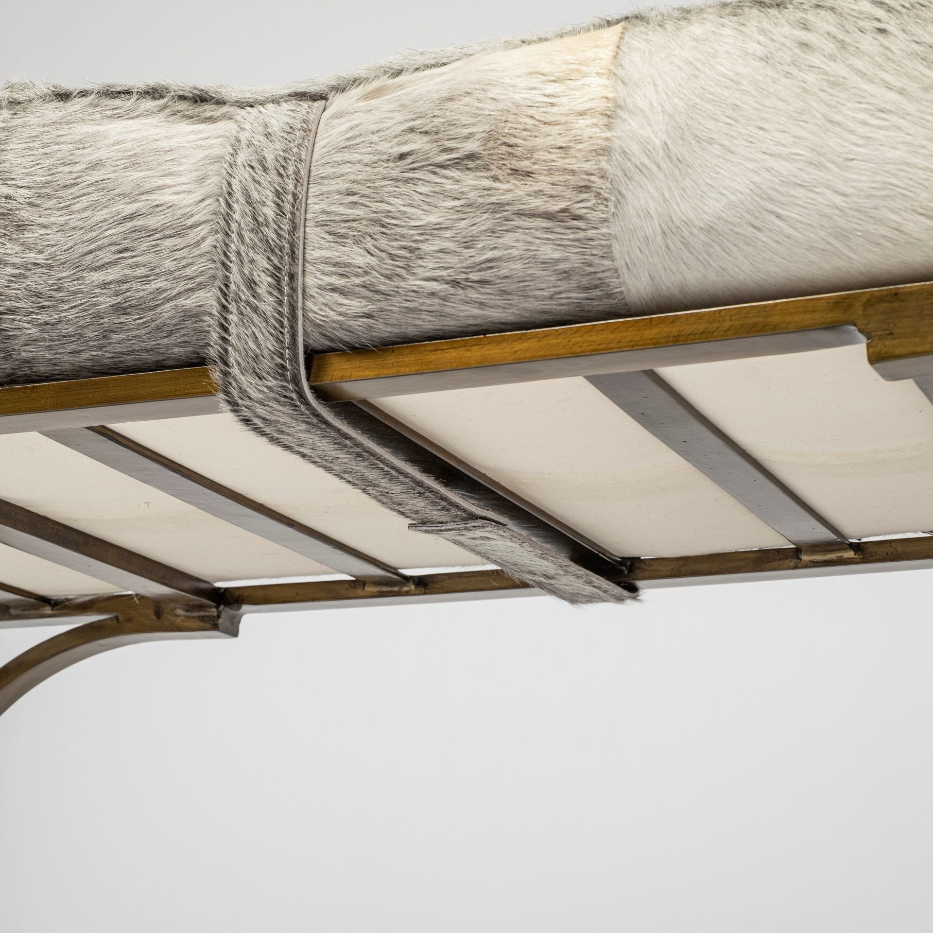 Jessie 55L x 16W White/Gray Hair-On-Hide Seat with Gold Metal Base Accent Bench, Benche by Mercana, 55" length x 16" width x 20" height View 9