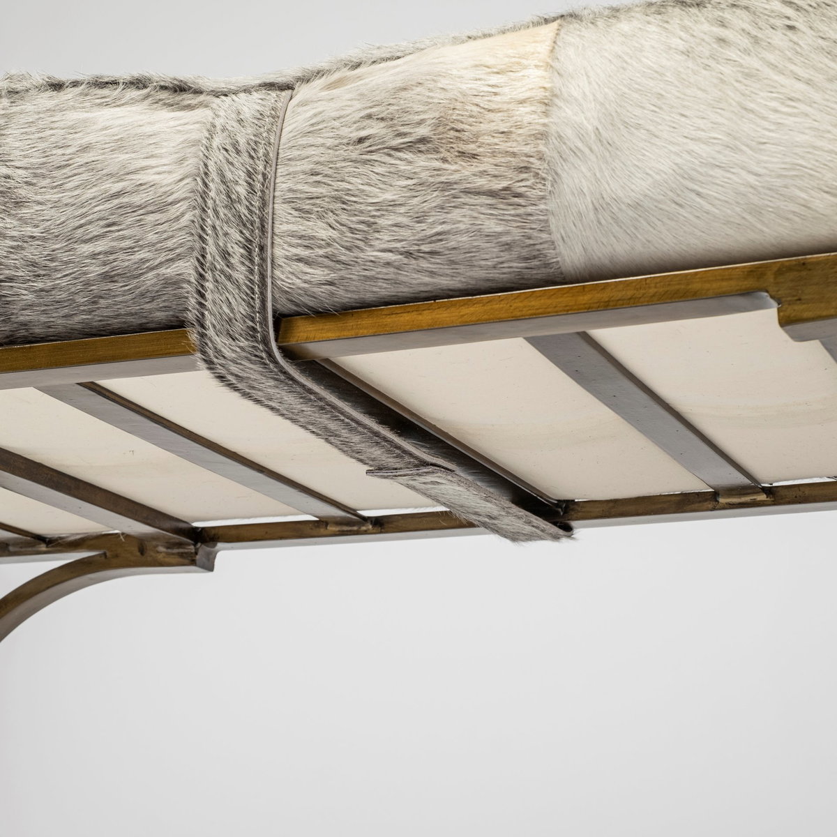 Jessie 55L x 16W White/Gray Hair-On-Hide Seat with Gold Metal Base Accent Bench, Benche by Mercana, 55" length x 16" width x 20" height View 9