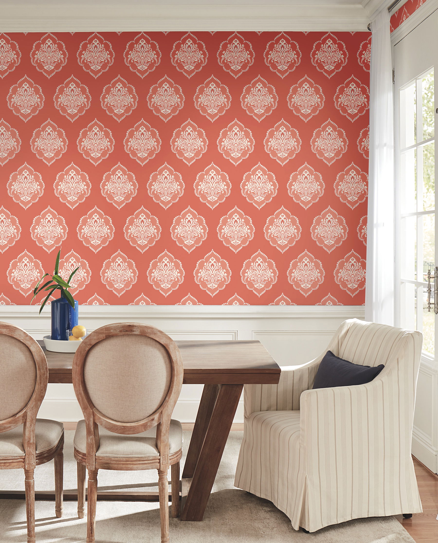 Signet Medallion Damask Coral Wallpaper large image 