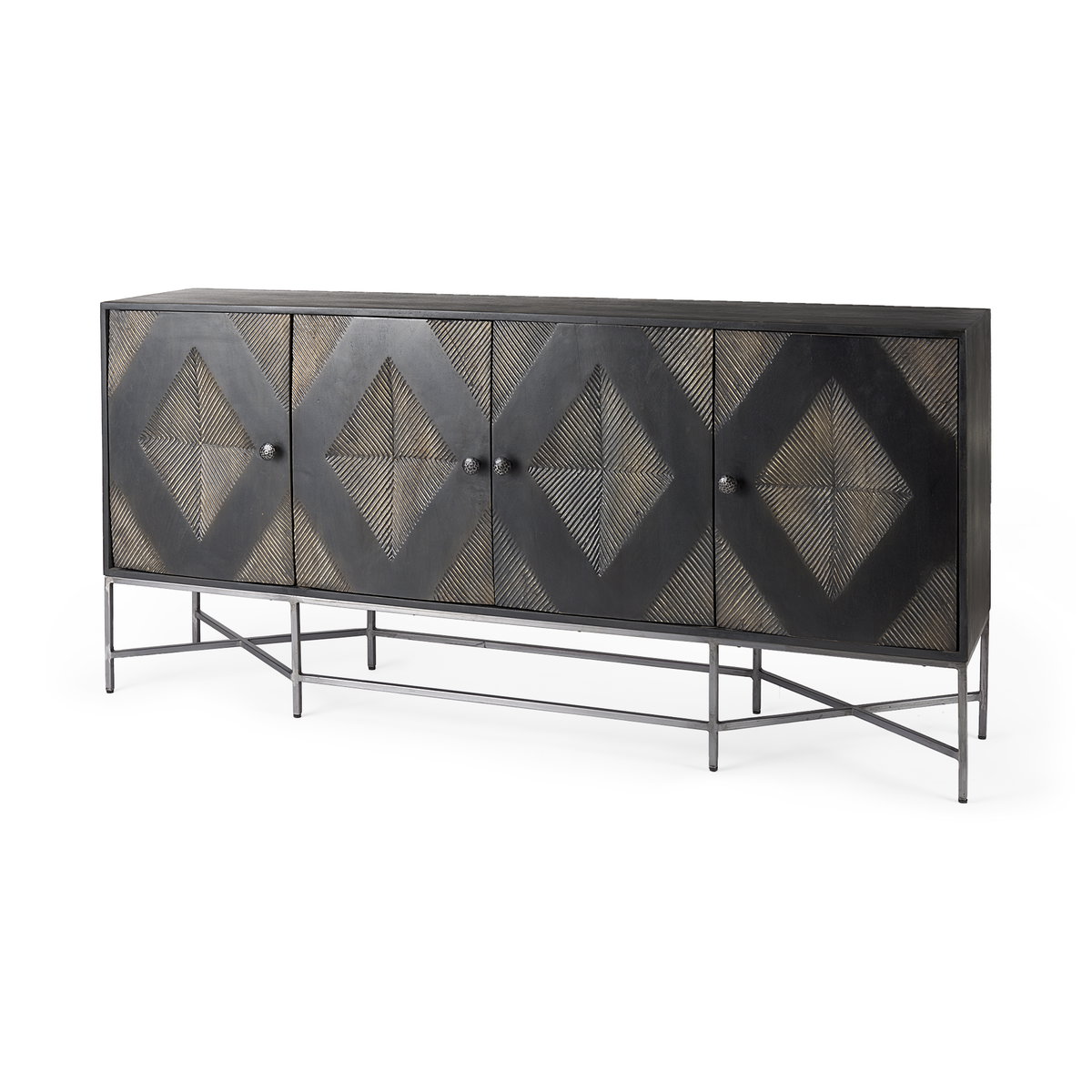 Hogarth I 72x15 Two-Tone Brown Solid Wood Base Silver Frame 4 Cabinet Sideboard, Sideboards & Buffet by Mercana, 16" length x 72" width x 34" height View 1
