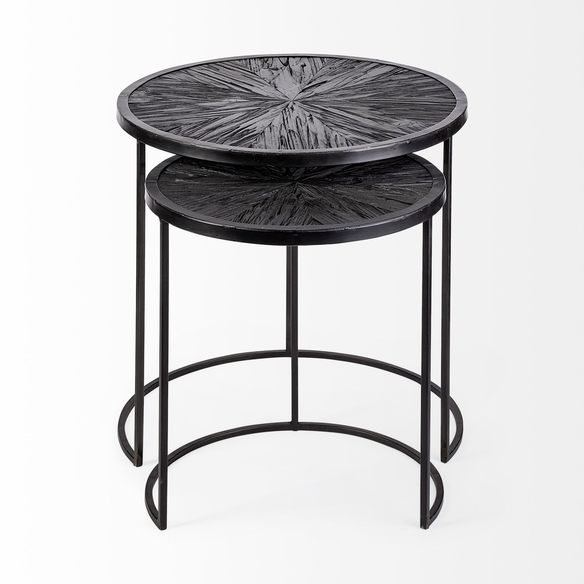 Chakra 19.7' Set of Two Round Dark Wood Top Black Frame Accent Tables, Side & End Table by Mercana, 19.69" length x 19.69" width x 19.69" height View 3