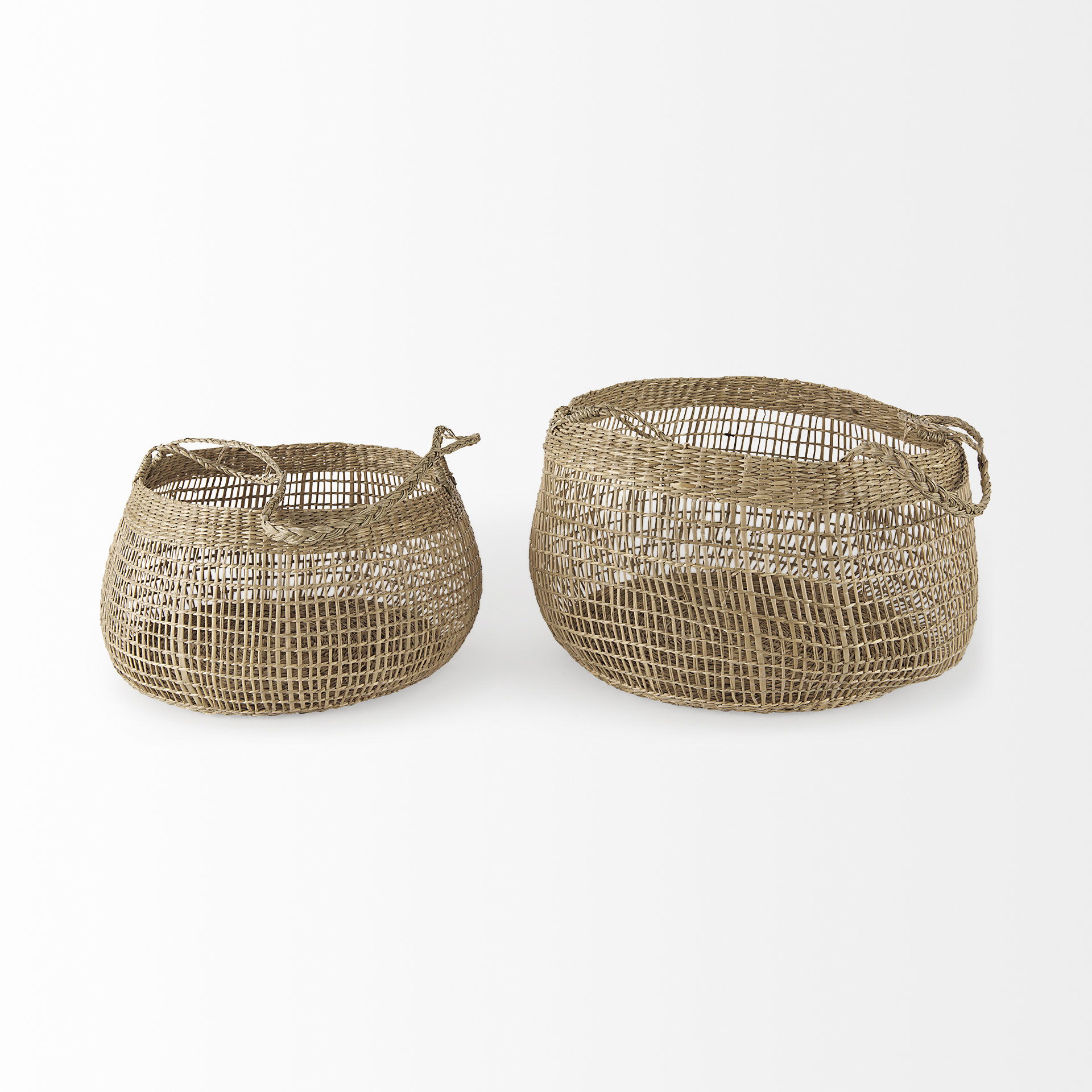 Nova 15.0L x 15.0W x 9.4H (Set of 2) Light Brown Seagrass Woven Round Basket with Long Handle, Bins & Basket by Mercana, 17.72" length x 9.45" width x 23.62" height View 3