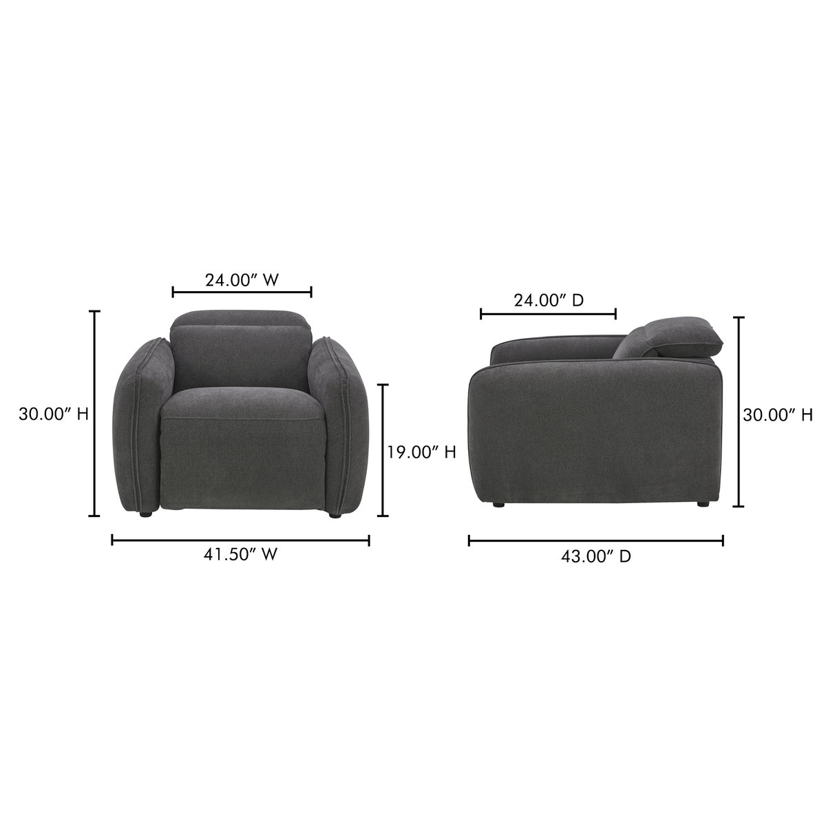 Eli Power Recliner Chair Dusk Grey, Accent Chair by Moe's Home, 41.5" width x 30" height x 43" depth View 9