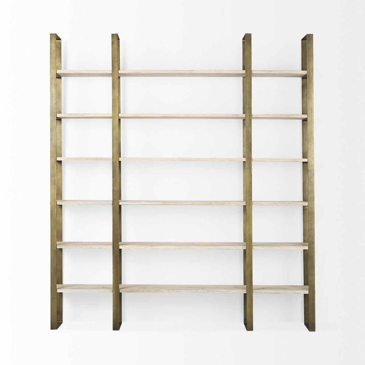 Taunton 80L x 10.5W x 90H Light Brown Wood with Gold Metal Frame 6 Tier Shelving Unit, Shelving & Bookcase by Mercana, 80" length x 10.5" width x 90" height View 6