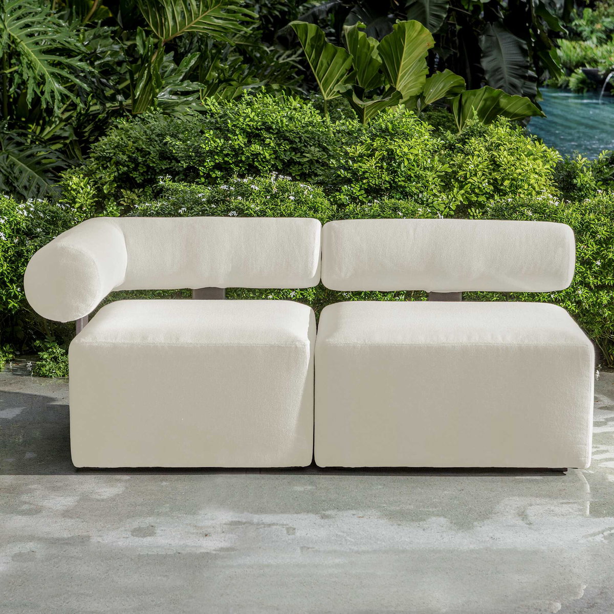 Bolster Back White Armless Outdoor Sofa, by Uttermost, 3' width x 2'5.25" height x 3' depth View 5