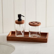 Online Designer Bathroom Clover Wood and Glass Bath Accessories Set, Toothbrush Holder, Tank Tray and Soap Pump, Set of 3