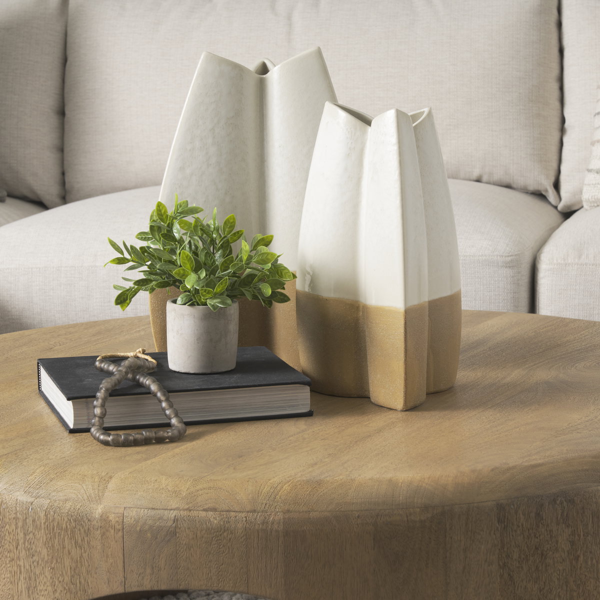 Vania Large Off White with Tan Textured Ceramic Vase, by Mercana, 10.43" length x 8.03" width x 15.5" height View 2