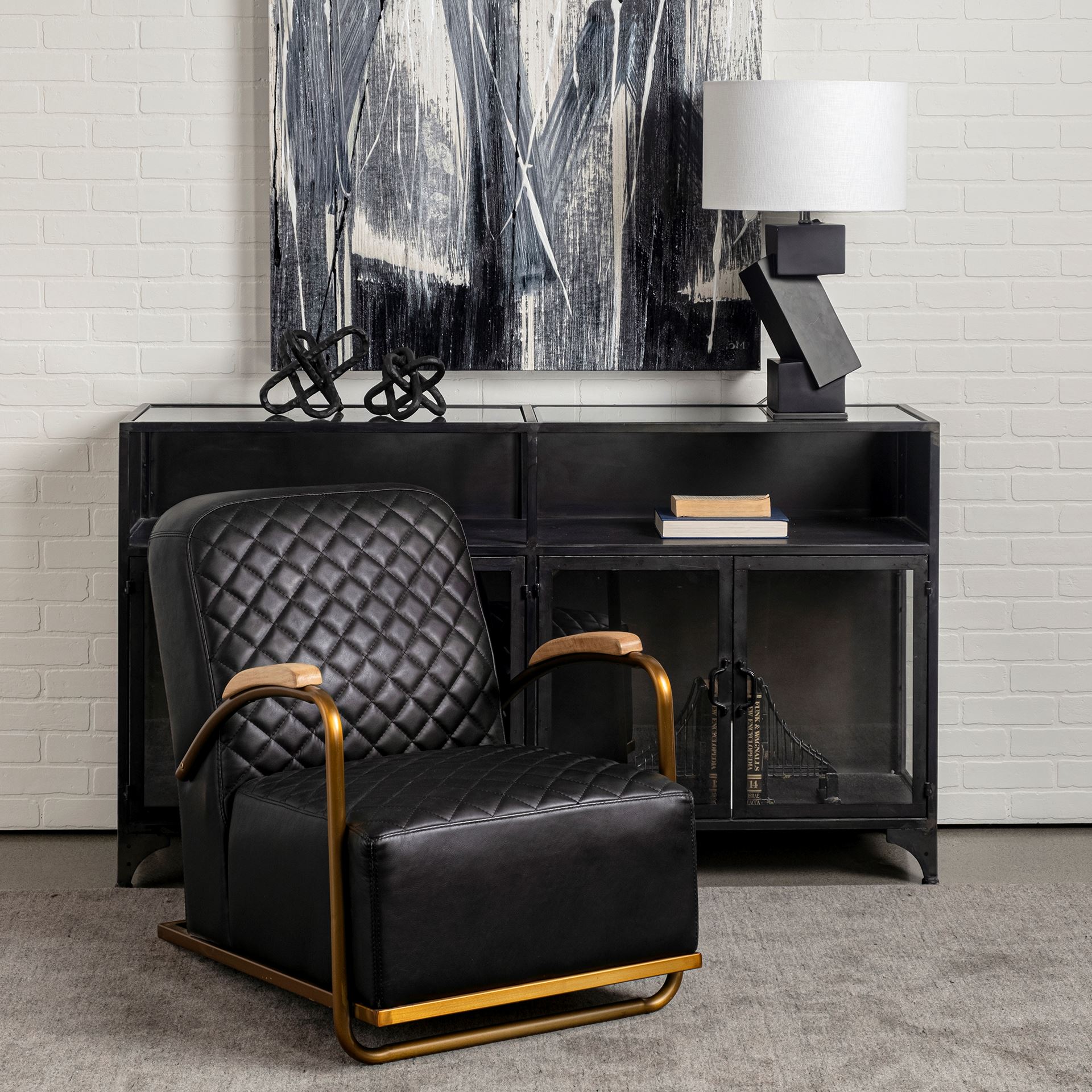 Horace I Black Leather Diamond Pattern with Gold Iron Frame Accent Chair, by Mercana, 26" length x 35.5" width x 31.25" height View 3