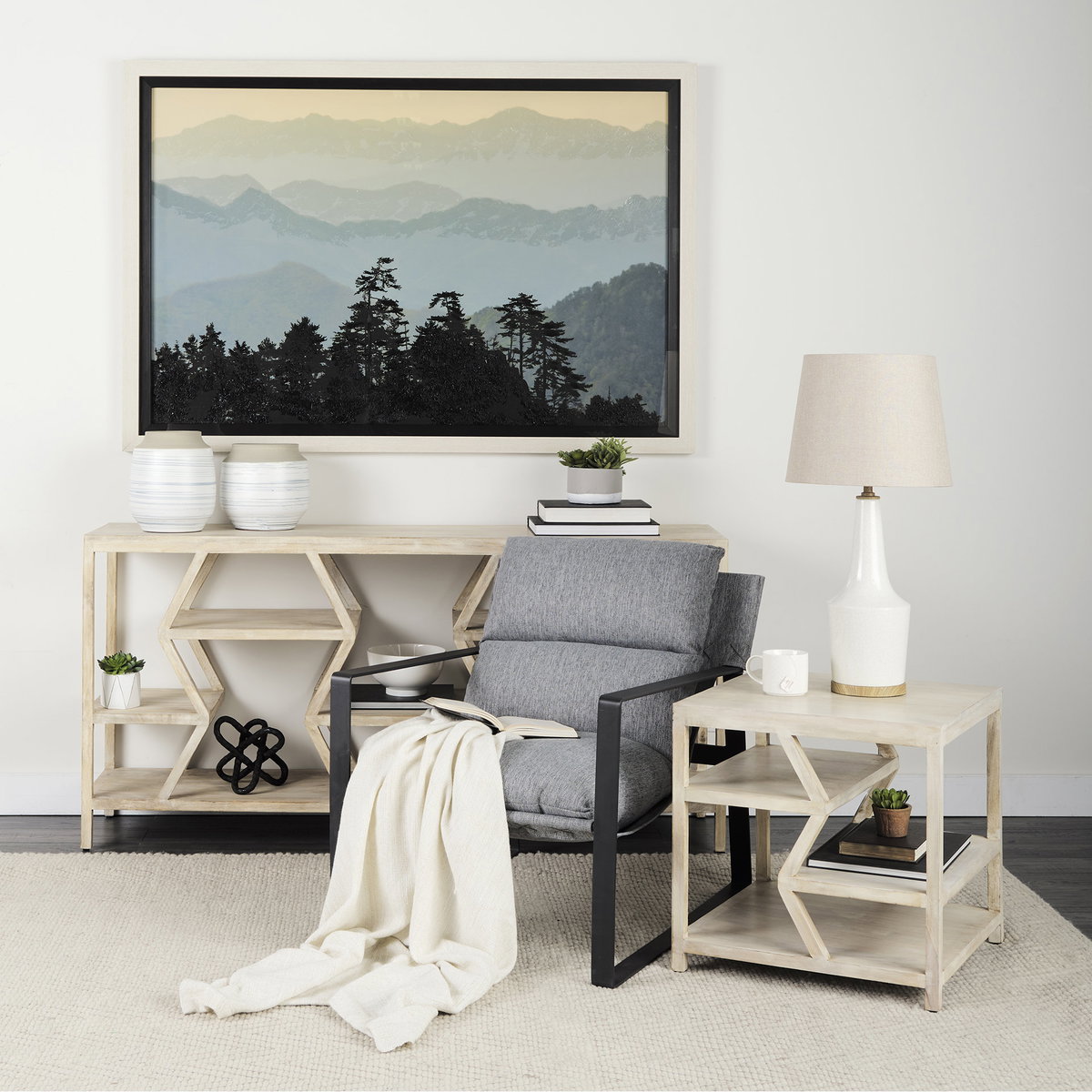 Dayton II 66L x 16W Natural Wooden Multi-Level Shelf Console Table, by Mercana, 66" length x 16" width x 32" height View 2