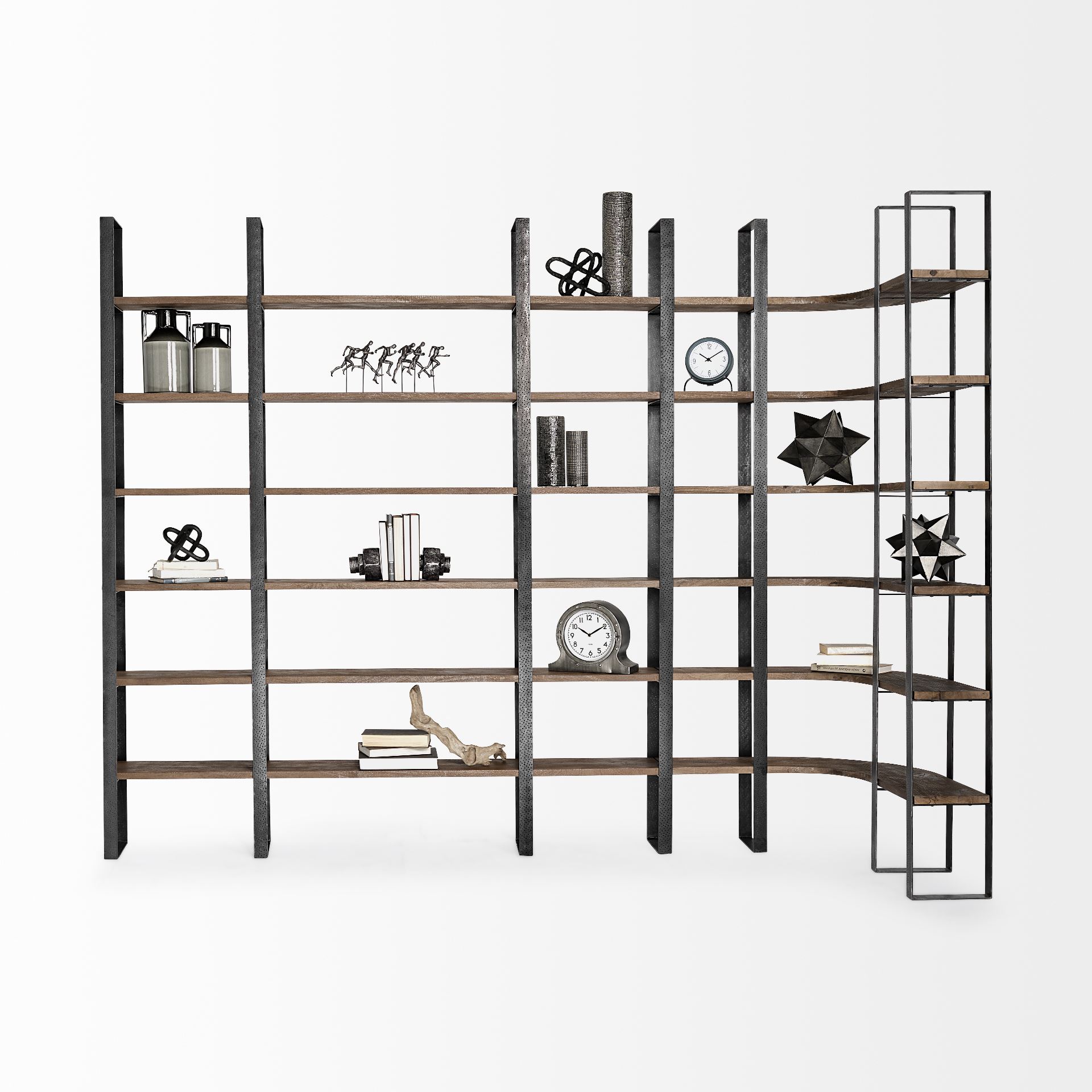Turner II 37L x 10.5W x 90H Curved Dark Brown Wood And Black Iron Six Shelving Unit, Shelving & Bookcase by Mercana, 36.5" length x 36.5" width x 90" height View 3