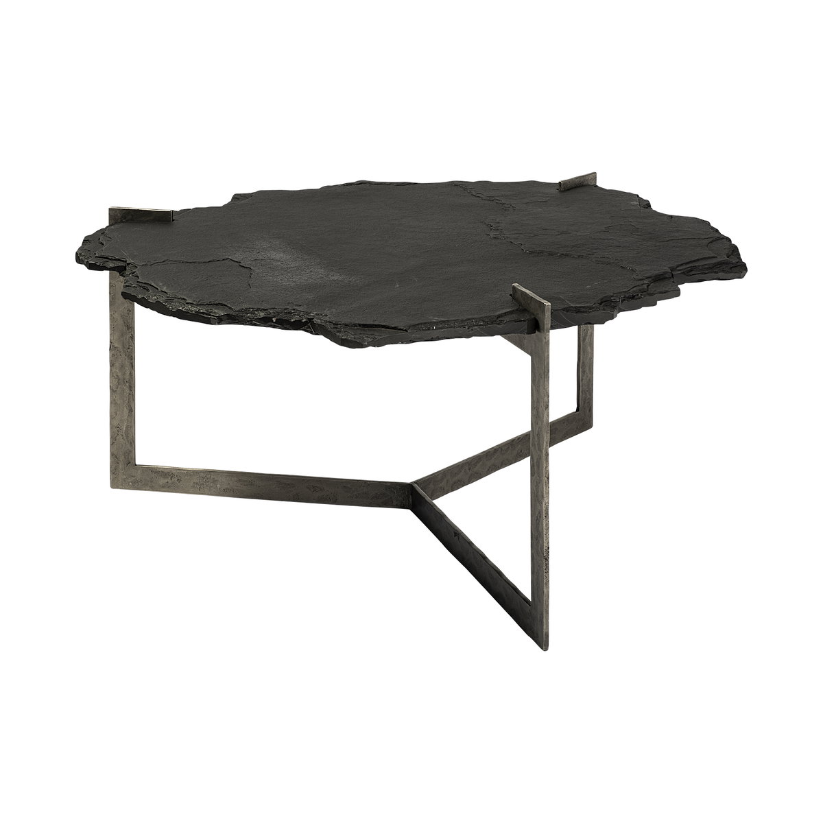 Shale 37' Irregular Live-Edge Black Slate with Flat Iron Base Coffee Table, by Mercana, 37" length x 37" width x 17.5" height View 1