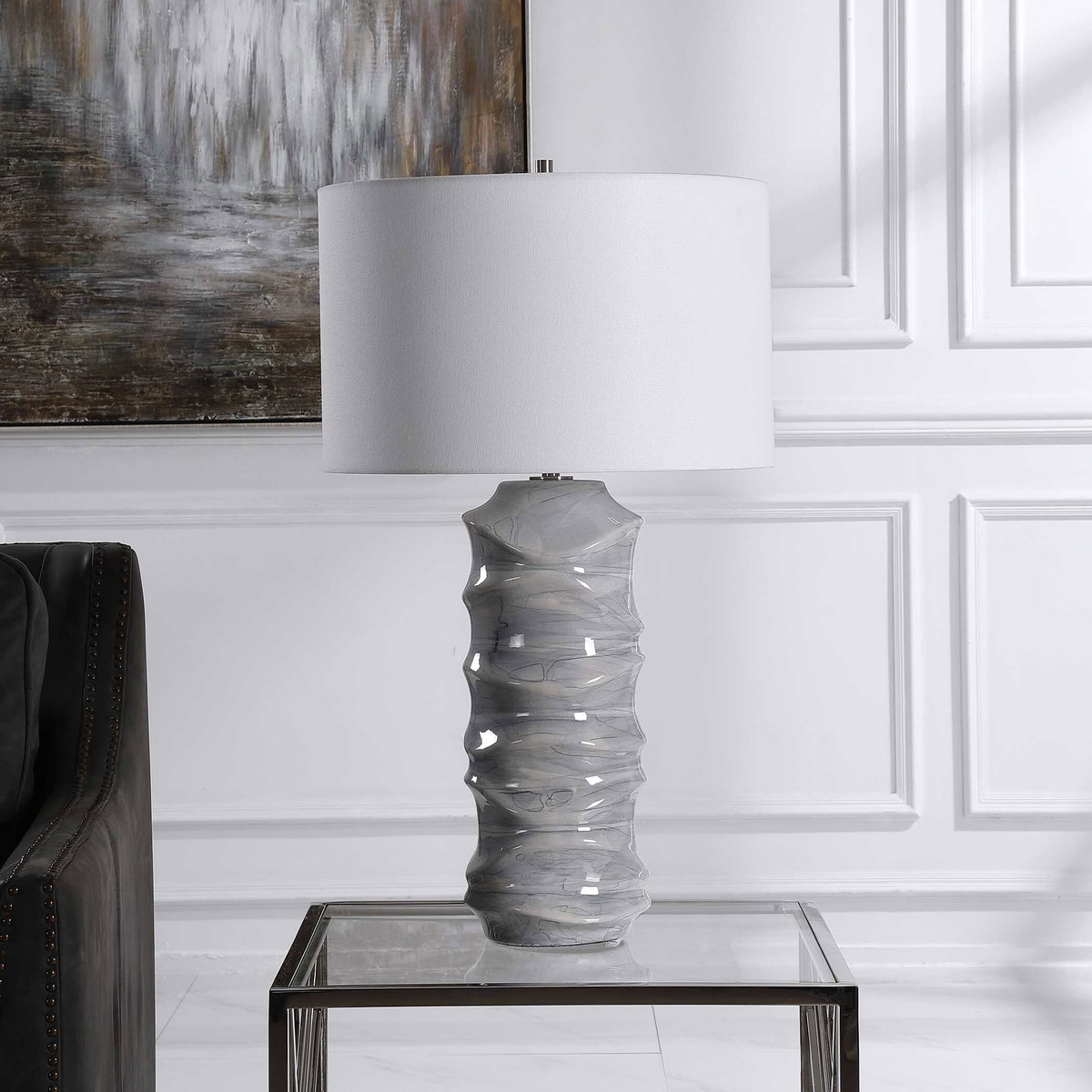 Waves Blue & White Table Lamp, by Uttermost, 16" width x 27.5" height x 16" depth View 4