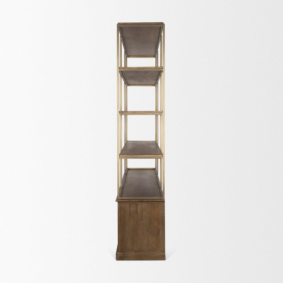 Baron 4-Door Dark Brown Wood with Antique Brass Metal Open Shelving Unit, Shelving & Bookcase by Mercana, 81.75" length x 19" width x 90" height View 6