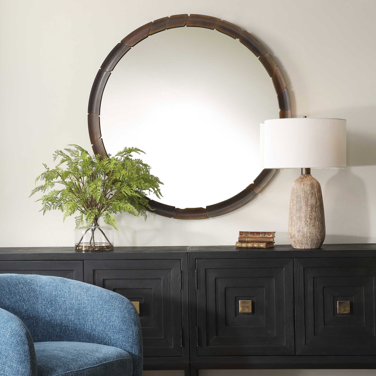 Auger Amber Glass Round Mirror, by Uttermost, 44.75" width x 44.75" height x 1.5" depth View 2