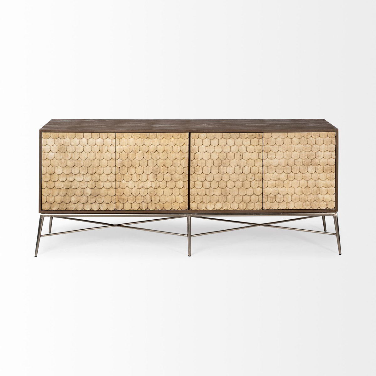 Swordfish 72L x 19W  x 30.25H Two-Tone Brown Wood Cabinet Silver Metal Base 4 Cabinet Door Sideboard, Sideboards & Buffet by Mercana, 72" length x 19" width x 30.12" height View 4