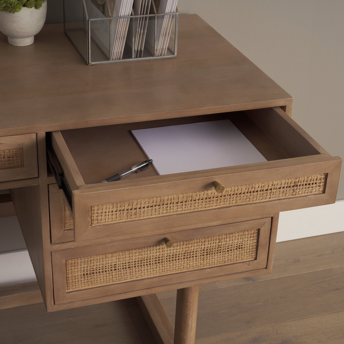 Grier 60' Light Brown Solid Wood with Cane Office Desk, by Mercana, 62" length x 22.75" width x 30" height View 3