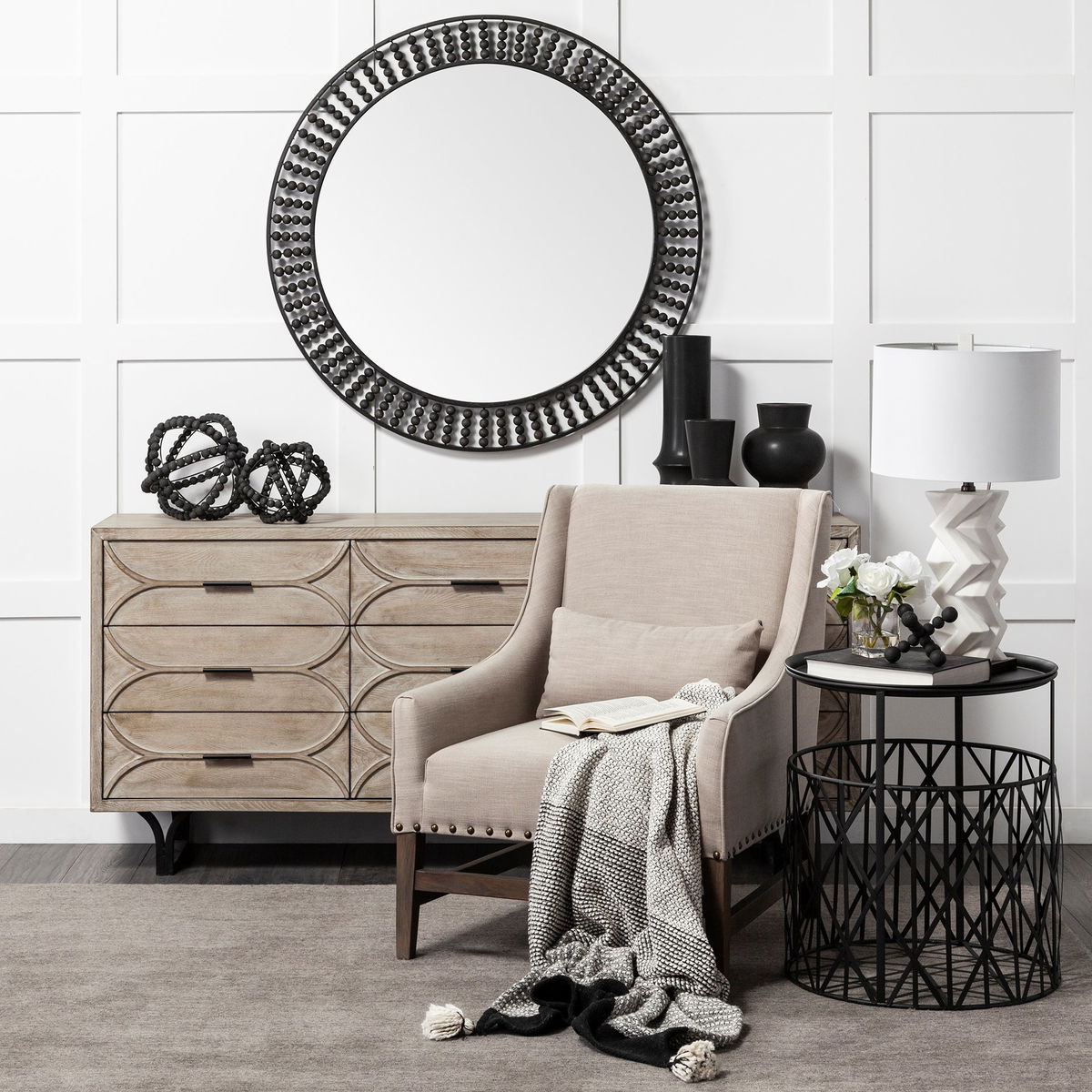 Earnhardt I Small 9L x 9W Black Wooden Beaded Orb, Decorative Object by Mercana, 8.66" length x 8.66" width x 8.86" height View 3