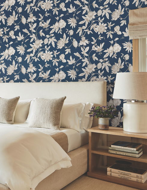Passion Flower Toile Navy Wallpaper