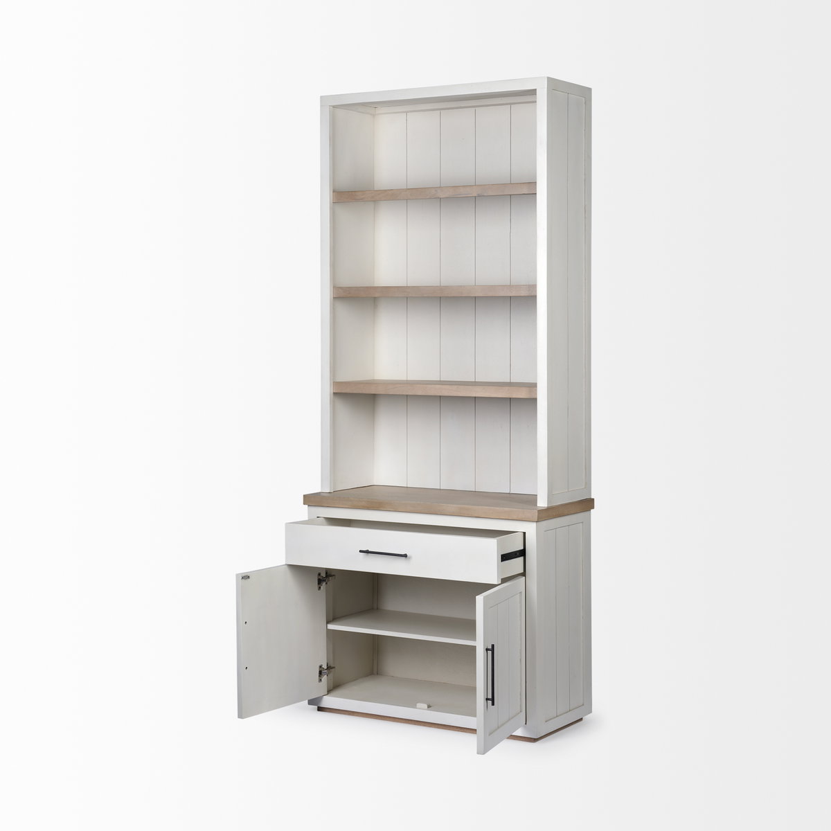 Fairview I  White and Medium Brown Wood Three Shelf Shelving Unit, Shelving & Bookcase by Mercana, 39" length x 17" width x 90" height View 7