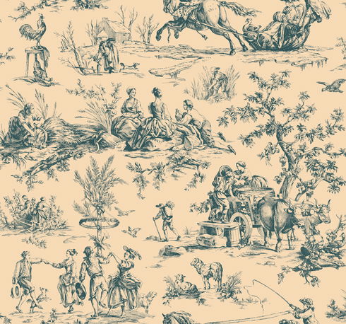 Seasons Toile Blue & Tan Wallpaper