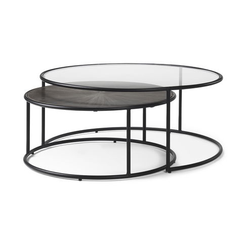 Arlo  Set of 2 Brown Wood and Glass with Black Metal Coffee Tables