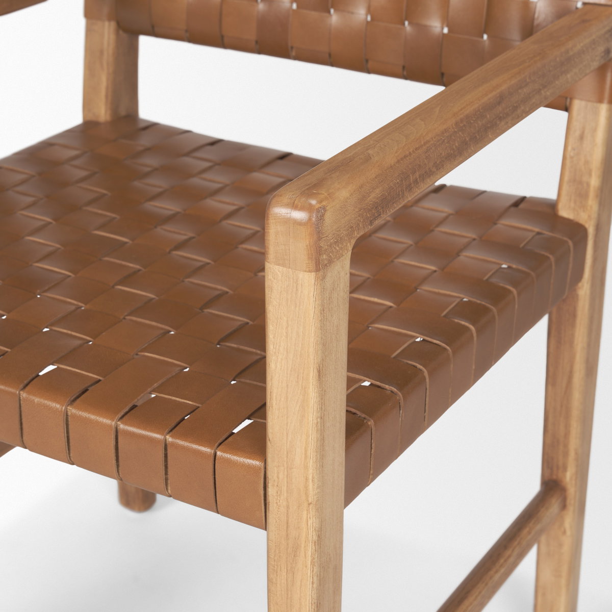 Shane Curved Back Dining Arm Chair | Woven Brown Leather with Brown Wood, Dining Chair by Mercana, 21" length x 21.5" width x 33.25" height View 11