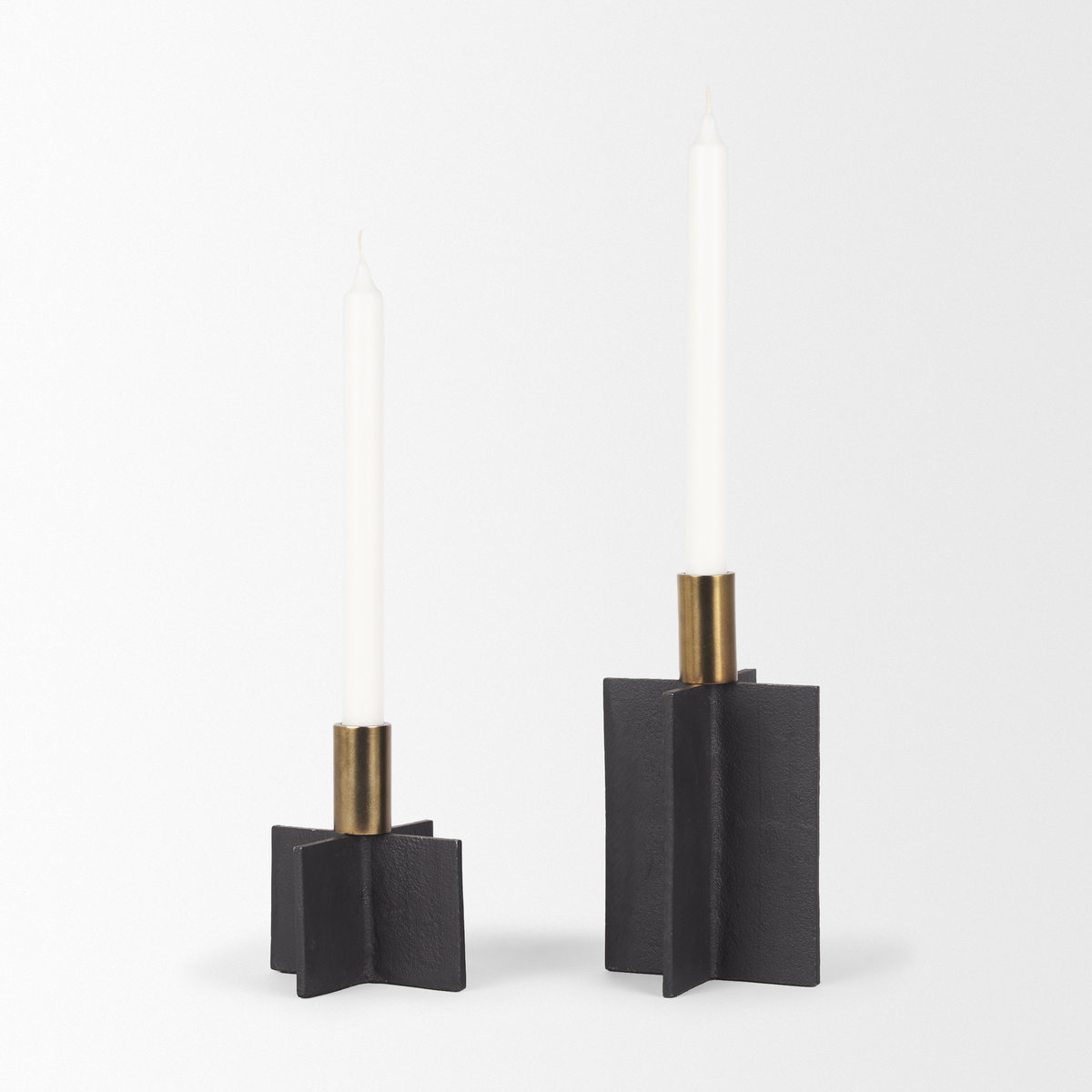 Pia Matte Black with Brushed Gold Metal Taper Candleholder (Set of 2), Candles & Candle Holder by Mercana, 4.75" length x 4.75" width x 8.25" height View 5