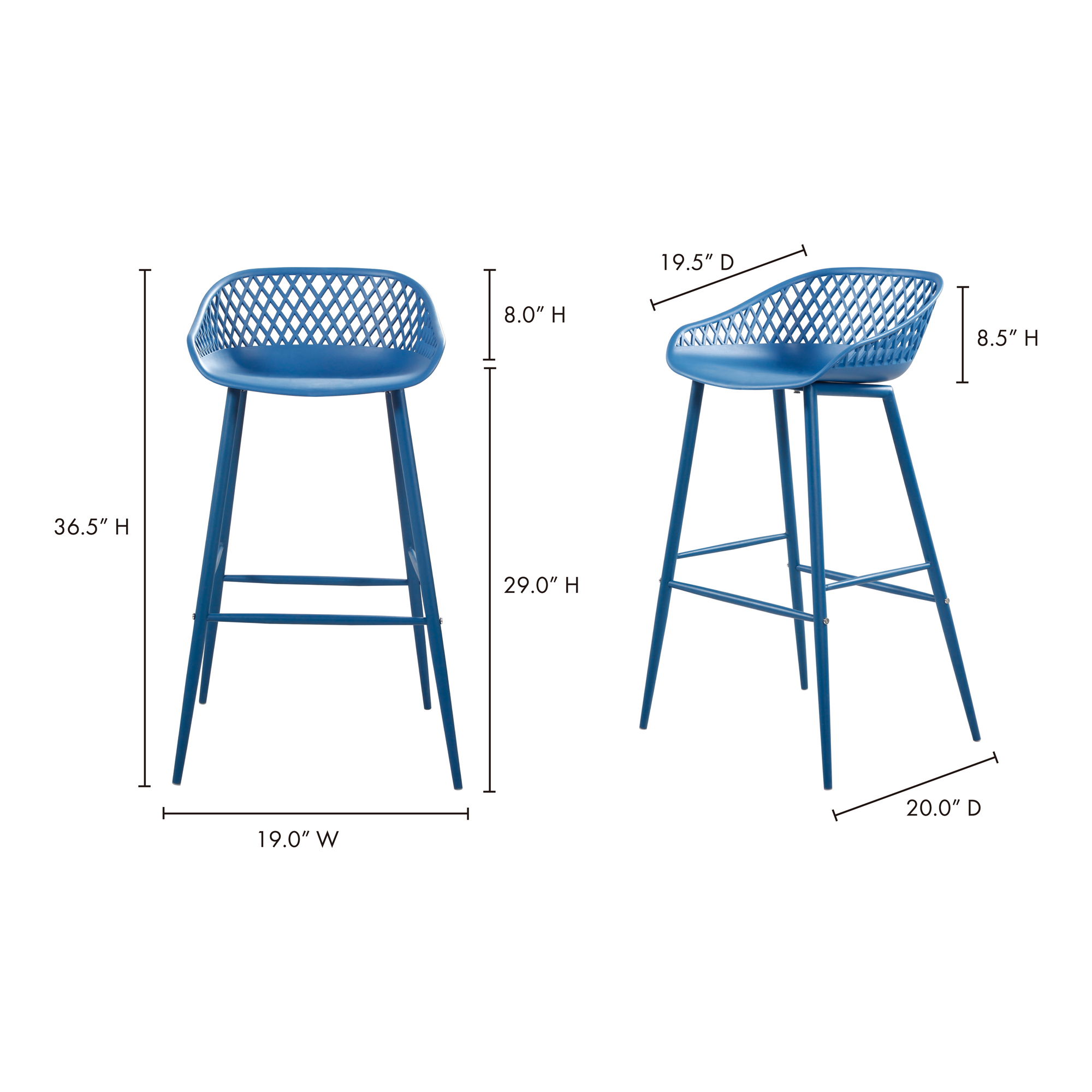 Piazza Outdoor Barstool Blue - Set Of Two, Outdoor Chair by Moe's Home, 1'7.29" width x 3'1.2" height x 1'7.68" depth View 11