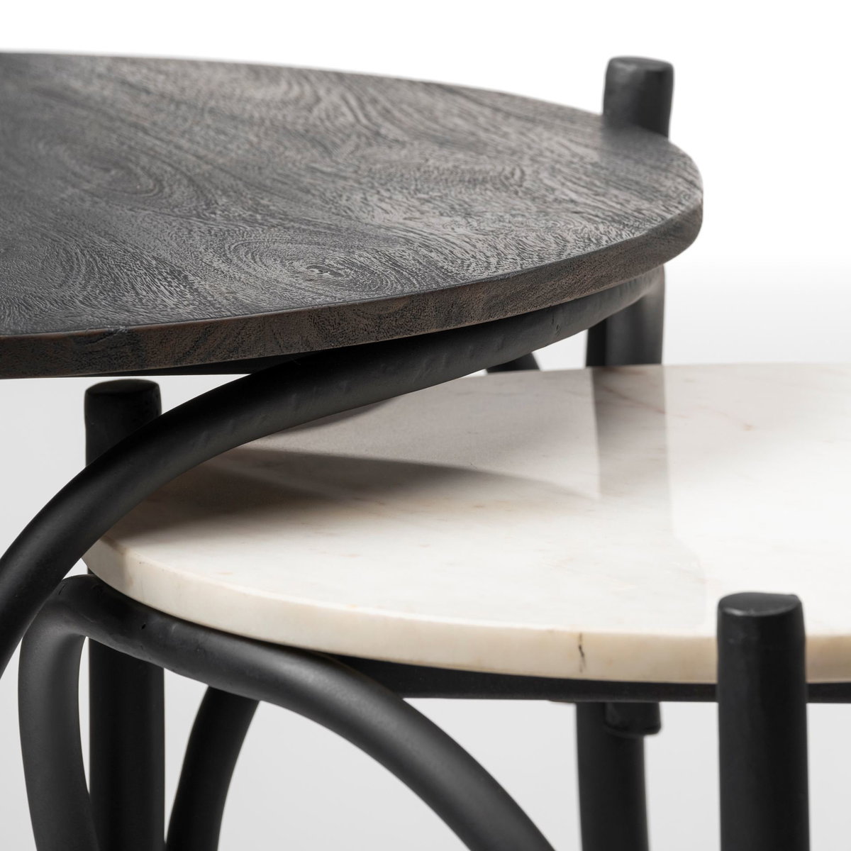 Etienne VII 24' Set of Two Round Top Black Wood and Marble Top Nesting Table, Side & End Table by Mercana, 23" length x 23" width x 24.25" height View 7