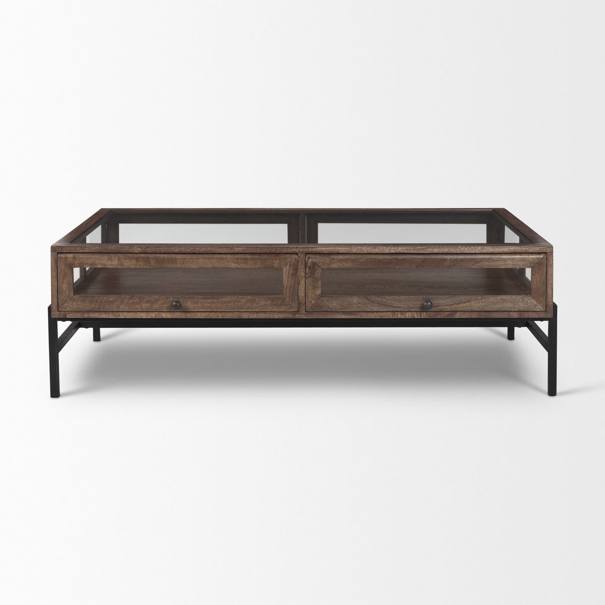 Arelius 49.5'L Rectangular Glass-Top Medium Brown Wood with Black Metal Base Display Coffee Table, by Mercana, 49.5" length x 29" width x 15" height View 2
