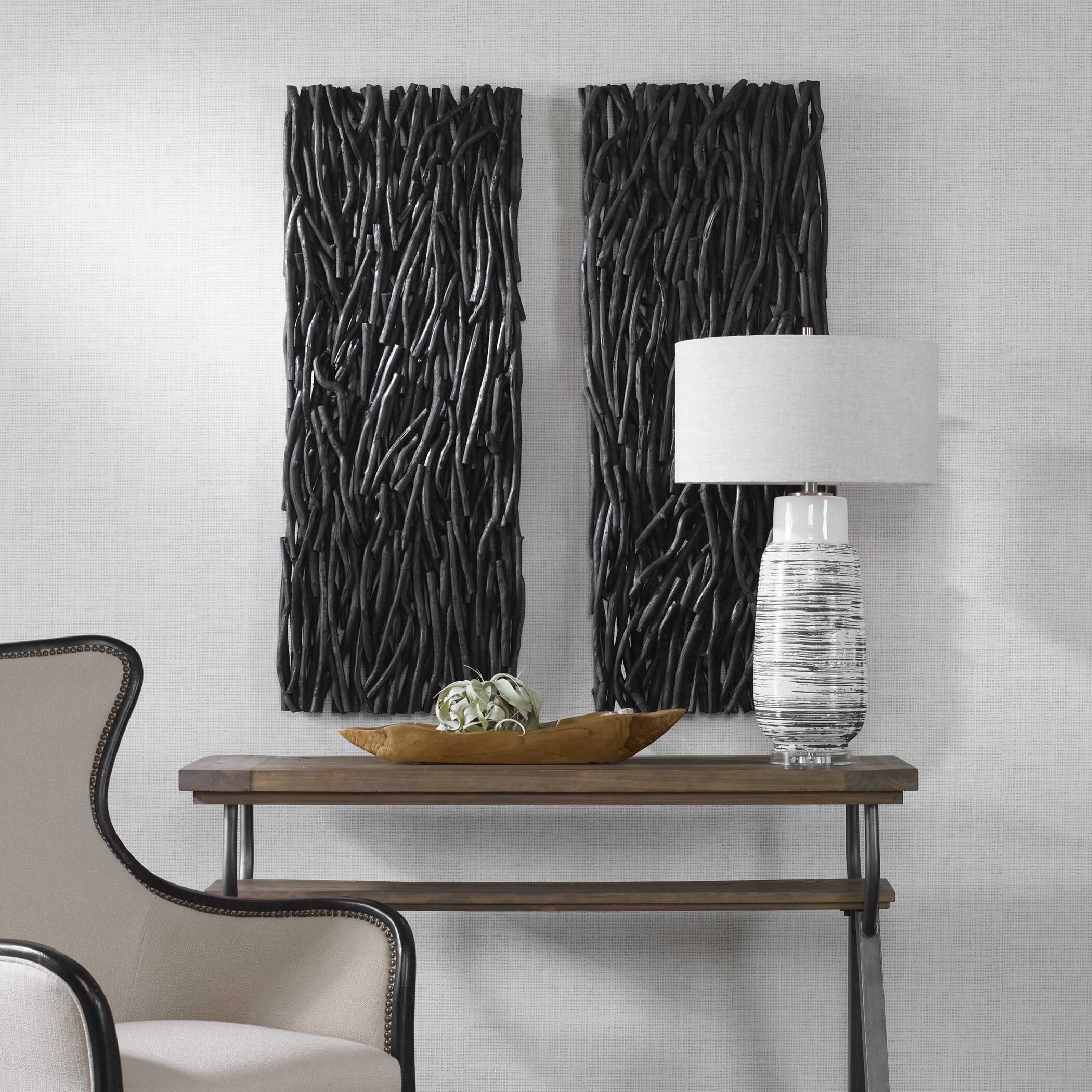 Gathered Teak Black Wood Wall Decor, Sculptural Wall Art by Uttermost, 19" width x 49" height x 3.5" depth View 4