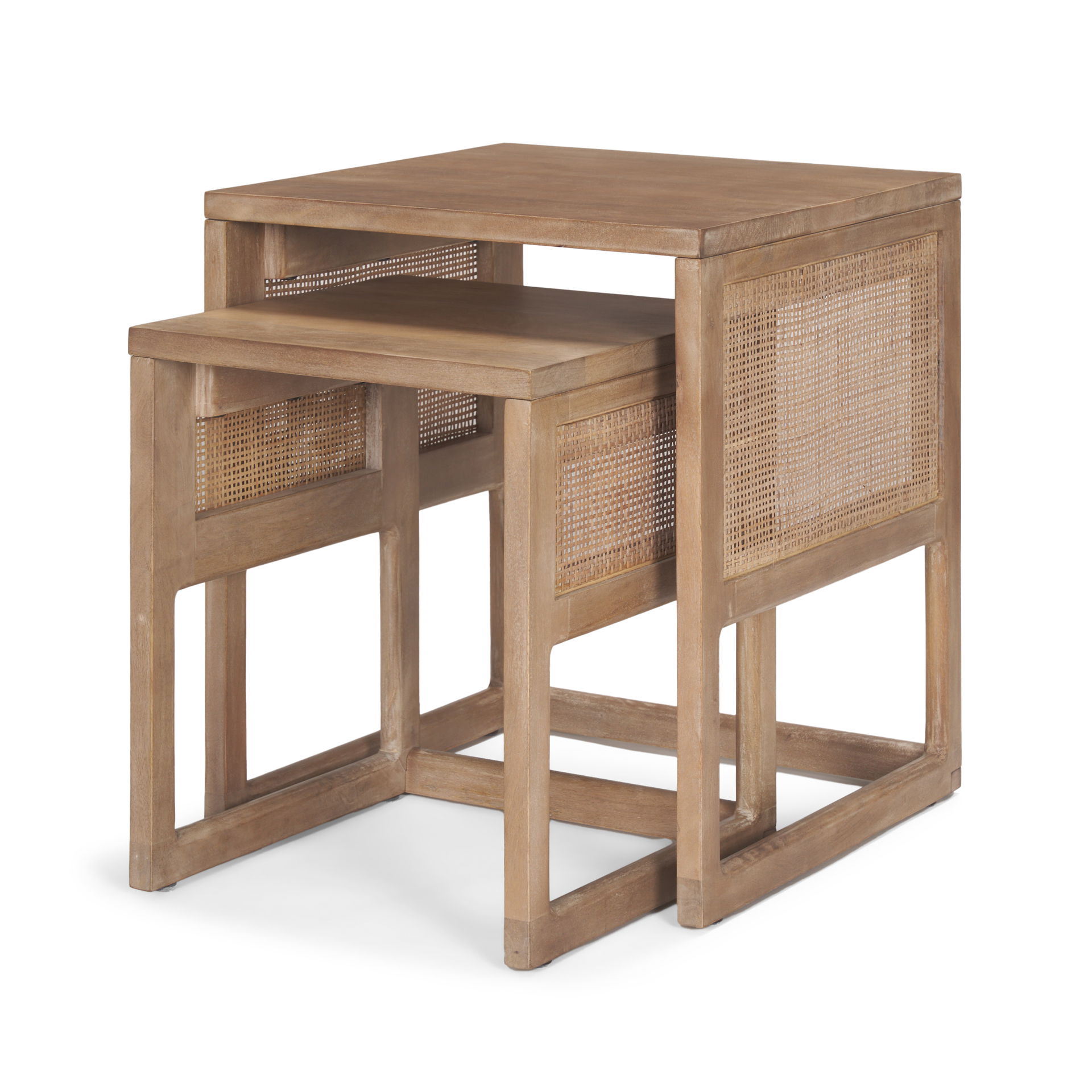 Grier Set of 2 Light Brown Solid Wood with Cane Nesting Accent Tables large image 