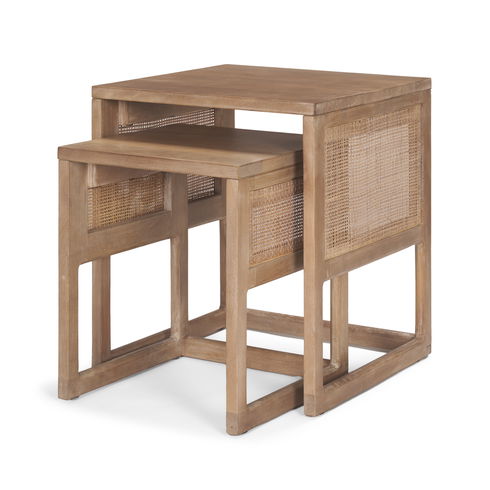 Grier Set of 2 Light Brown Solid Wood with Cane Nesting Accent Tables