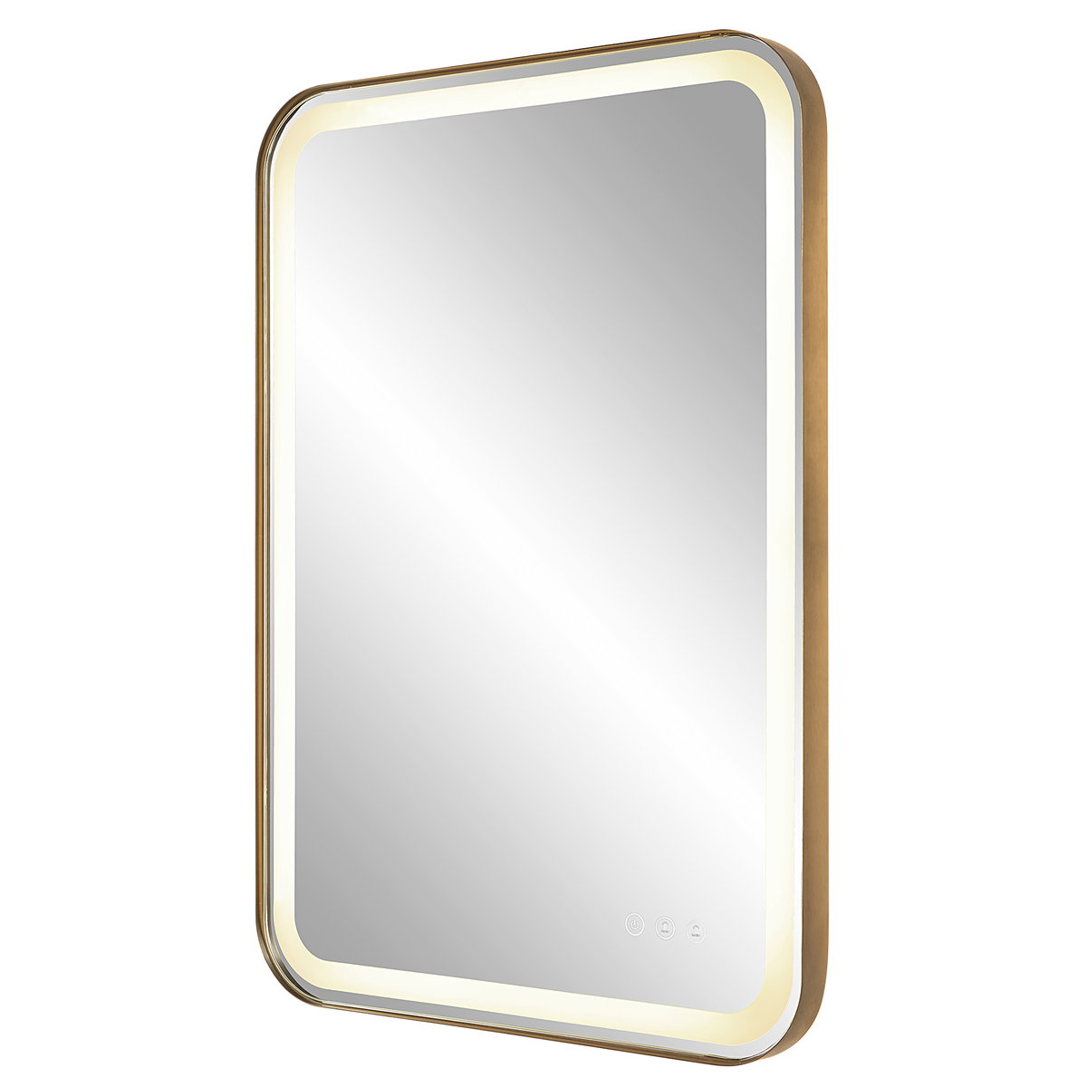 Crofton Lighted Brass Vanity Mirror, by Uttermost, 1'10.25" width x 2'8.25" height x 2.12" depth View 11