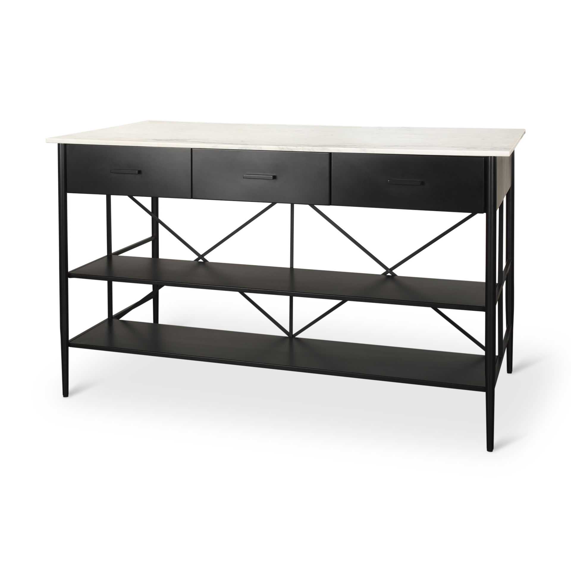 Amika White Marble Top Black Metal Base Kitchen Island, by Mercana, 62" length x 34" width x 36" height View 1