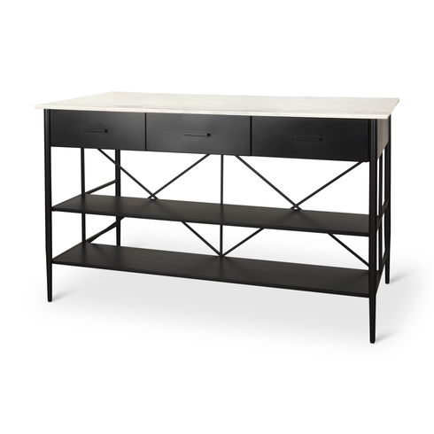 Amika White Marble Top Black Metal Base Kitchen Island