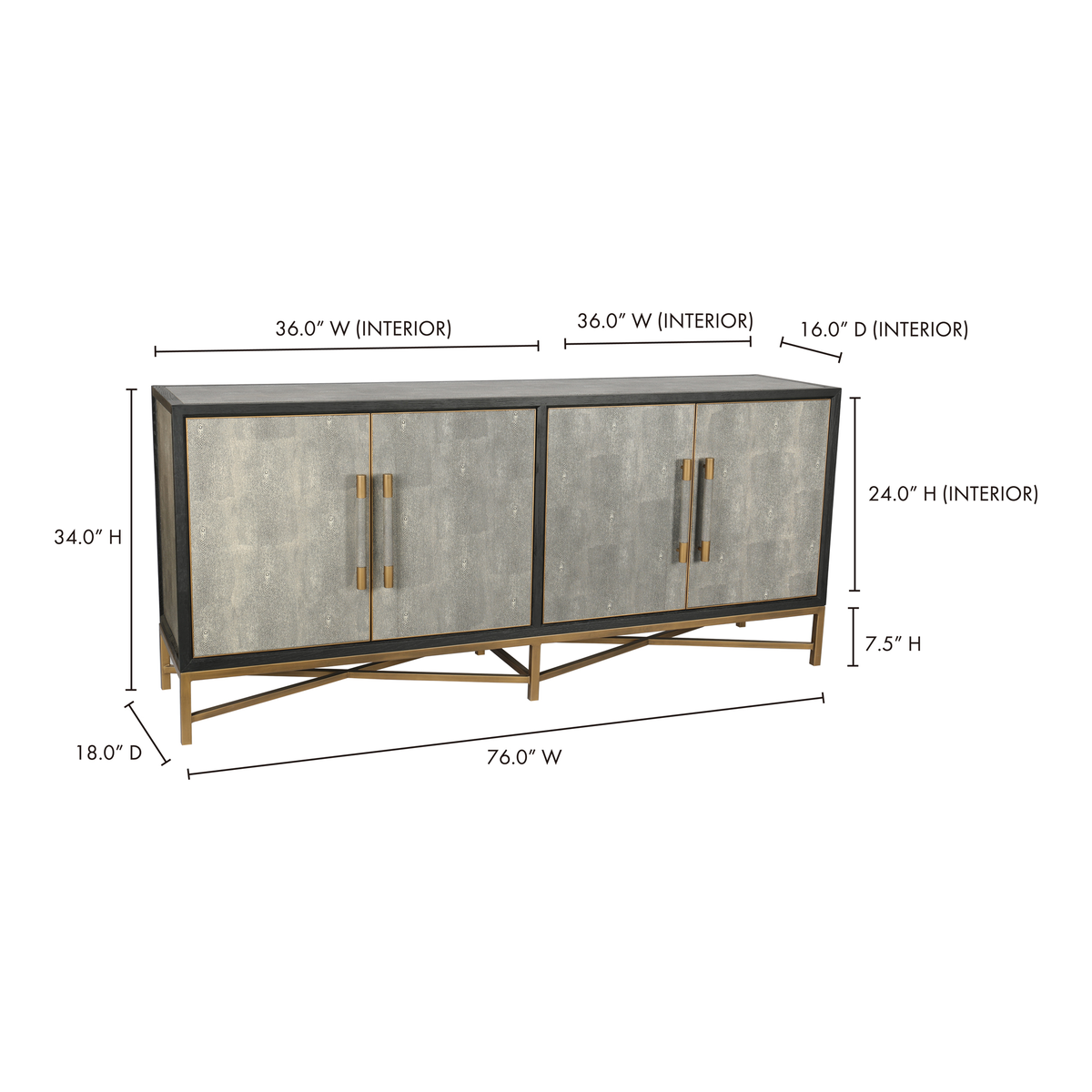 Mako Small Sideboard Grey, Cabinets & Sideboard by Moe's Home, 76" width x 34" height x 18" depth View 14